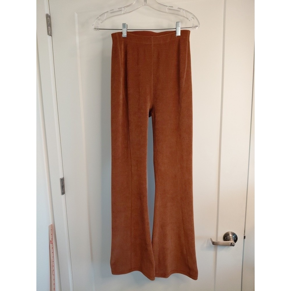 Womens Burnt Orange Flare Leg Pants High Waist Stretch Cord Size S Boho Y2k